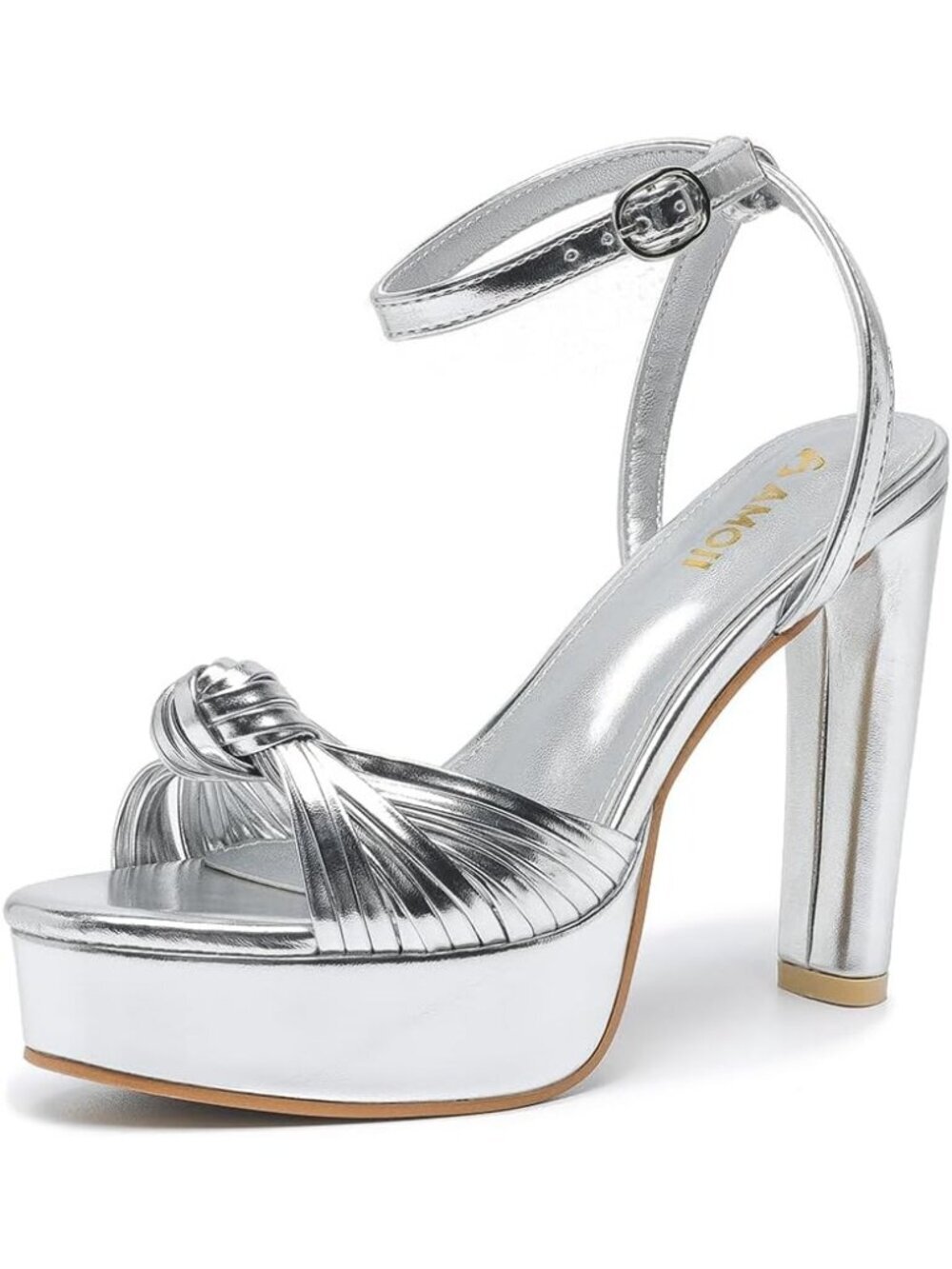 Women's Silver PU 4.8 Inches Braid Knot Platform Block Heels Open Toe Heeled